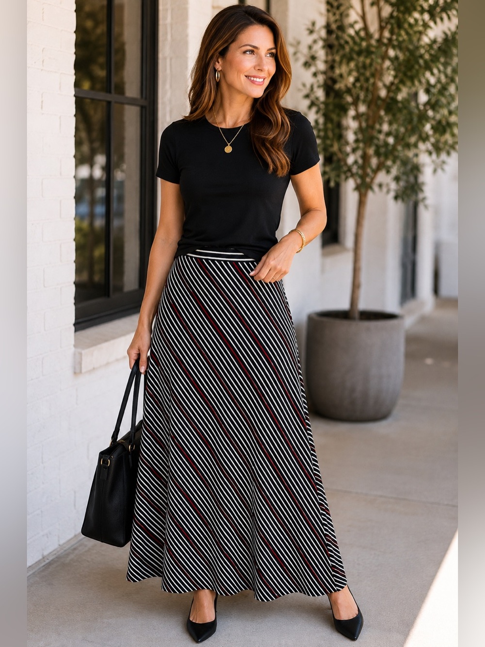 Roz & Ali Striped A-Line Maxi Skirt Black White Red Size L Stretch Waist